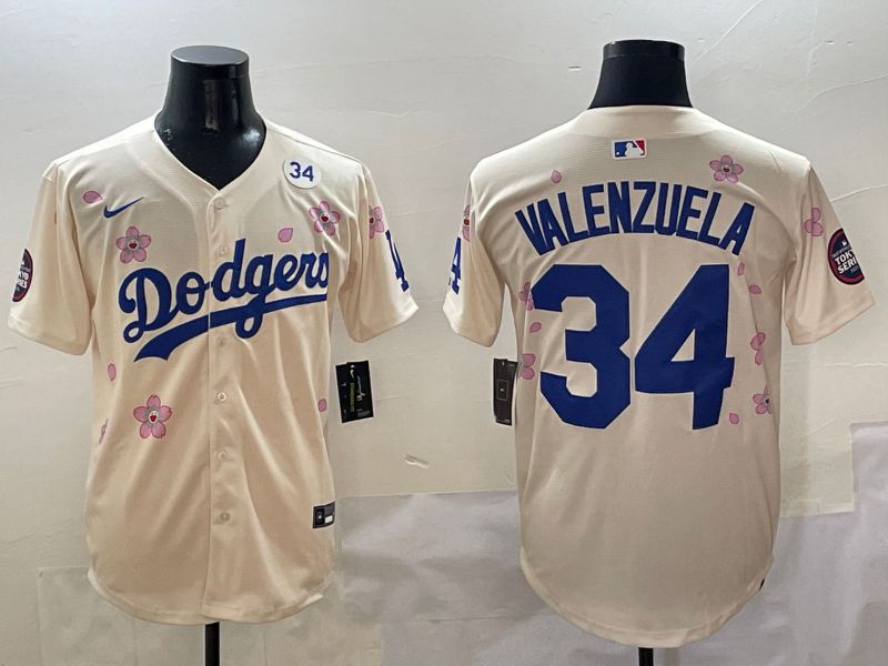 Men Los Angeles Dodgers 34 Valenzuela Cream White Blue Sakura Edition 2025 Nike MLB Jersey style 8
